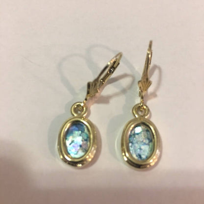 Ancient Roman Glass Earrings, 14K Yellow Gold Earrings, Woman Dangle Rhombus Earrings, Unique Jewelry image 0