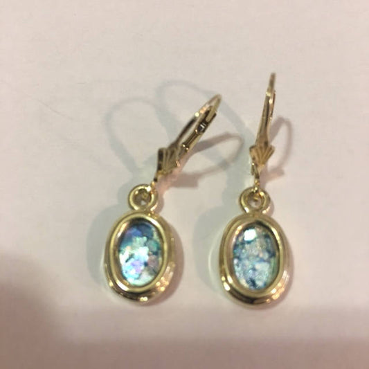 Ancient Roman Glass Earrings, 14K Yellow Gold Earrings, Woman Dangle Rhombus Earrings, Unique Jewelry image 0