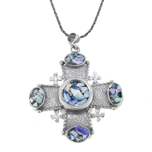 Jerusalem Cross 925 Sterling Silver Ancient Roman Glass Pendant Unique Jewelry image 0