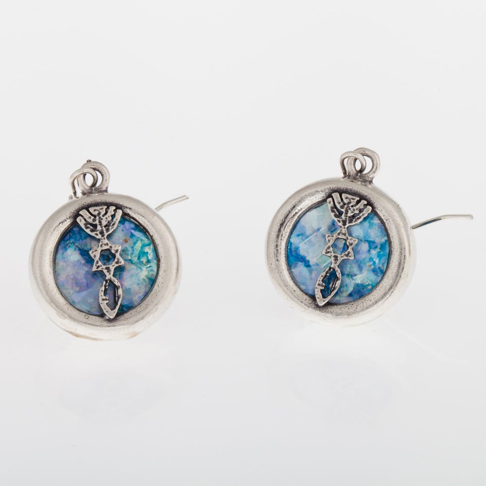 Magen David- Menorah, Dangle 925 Sterling Silver Ancient Roman Glass Earrings grafted-in image 0
