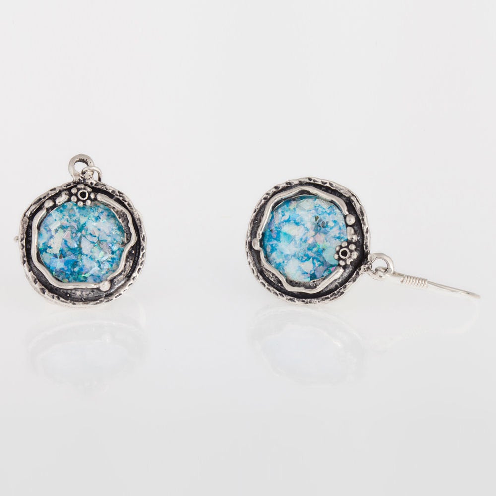 Ancient- Roman Glass 925 Sterling Silver Dangle Earrings Unique Design, Classic image 2