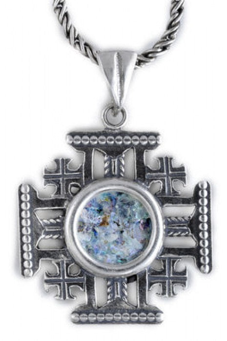 Unique 925 Sterling Silver Pendant, Ancient Roman Glass Pendant, Jerusalem Cross, Roman Glass Jewelry image 0