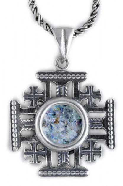Unique 925 Sterling Silver Pendant, Ancient Roman Glass Pendant, Jerusalem Cross, Roman Glass Jewelry image 0