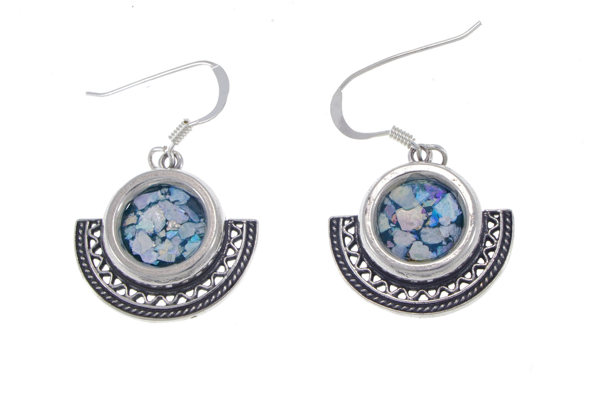 Filigree Dangle Earrings, Half-Moon 925 Sterling Silver Earrings, Ancient Roman Glass Earrings, Unique Jewelry image 0