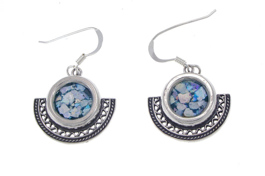 Filigree Dangle Earrings, Half-Moon 925 Sterling Silver Earrings, Ancient Roman Glass Earrings, Unique Jewelry image 0