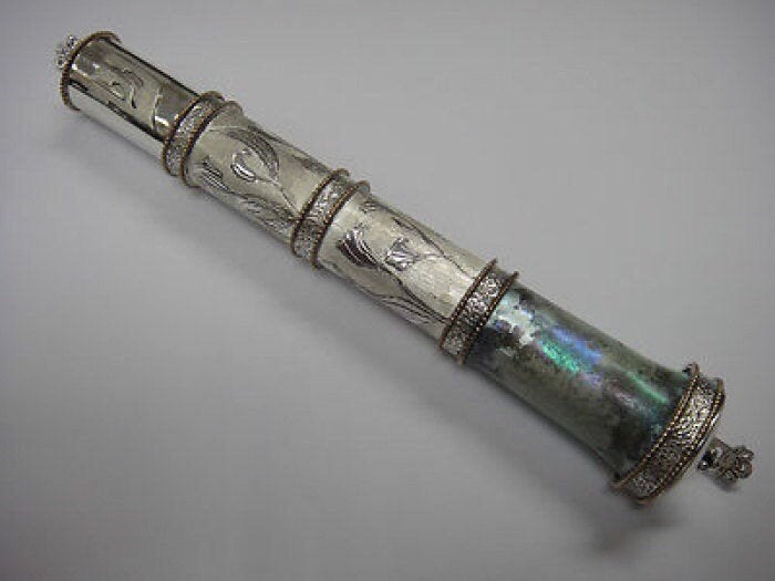 One Of A Kind Beautiful 925 Sterling Silver Mezuzah, Antique Roman Glass Mezuzah, Judaica image 1