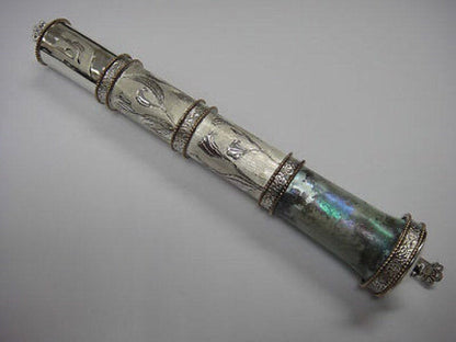One Of A Kind Beautiful 925 Sterling Silver Mezuzah, Antique Roman Glass Mezuzah, Judaica image 1