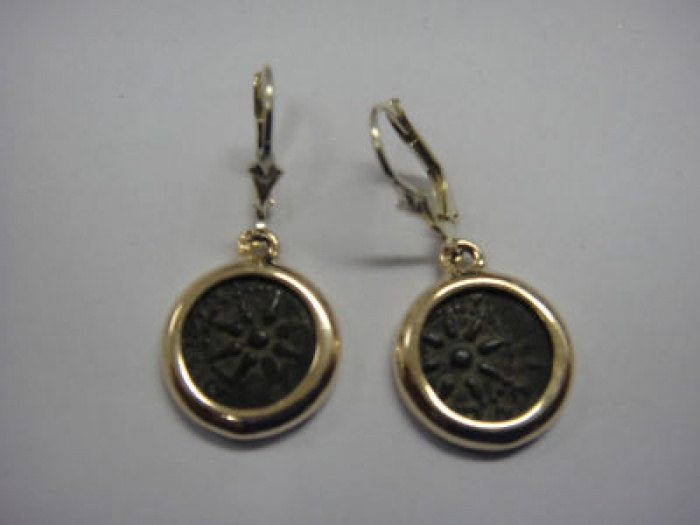 Authentic Antique Coin Earrings, 14K Yellow Gold Earrings, Bronze Widow's Mite Coin