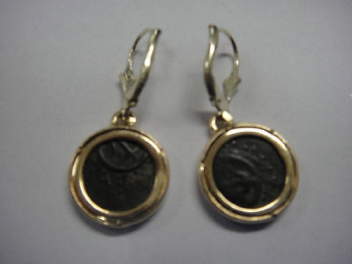 Authentic Antique Coin Earrings, 14K Yellow Gold Earrings, Bronze Widow's Mite Coin