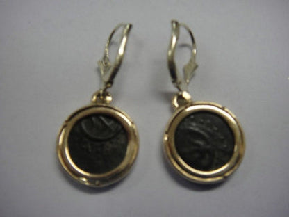 Authentic Antique Coin Earrings, 14K Yellow Gold Earrings, Bronze Widow's Mite Coin
