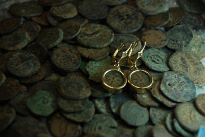 Authentic Antique Coin Earrings, 14K Yellow Gold Earrings, Bronze Widow's Mite Coin