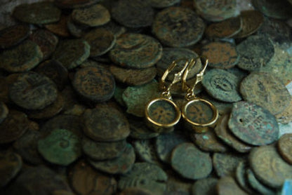 Authentic Antique Coin Earrings, 14K Yellow Gold Earrings, Bronze Widow's Mite Coin